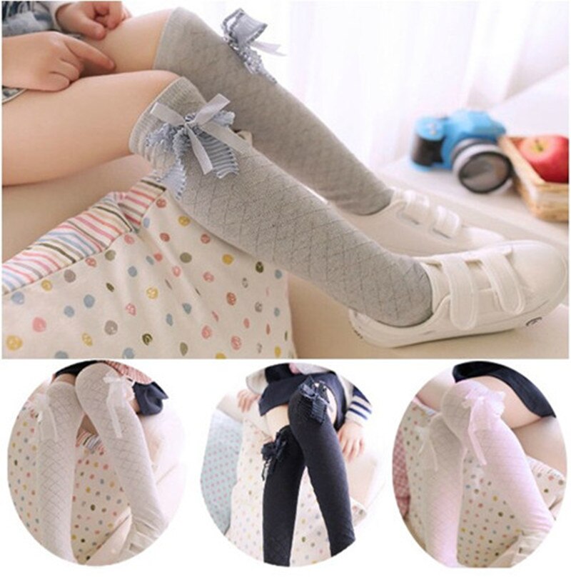 1 Pair Girls Socks Knee High Bowknot Plaid Style Children Kids Causal Elastic Socks Solid Colors For 2-8 Years Girls