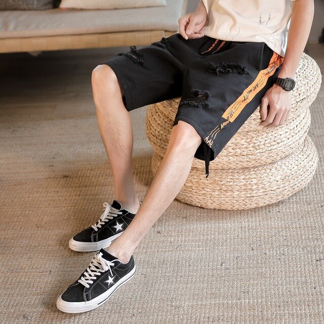 Sommar män casual shorts vita jeansshorts bra män bomull lösa shorts jeans elastisk midja jeansshorts: Svart / M 29