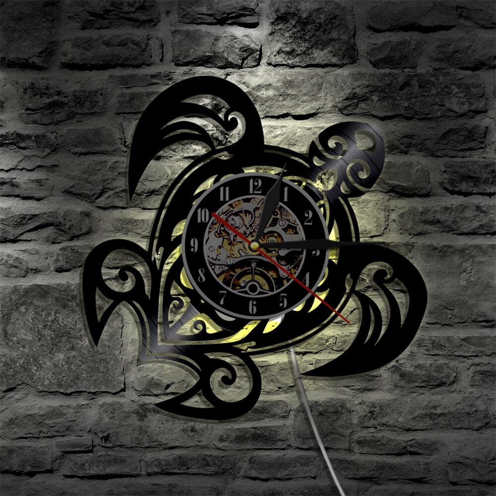 Sea Turtle Shape Wall Clock Sea Animals Vinyl Record Wall Clock Sea Turtles Silhouette Beach Decor 3D LED Night Light