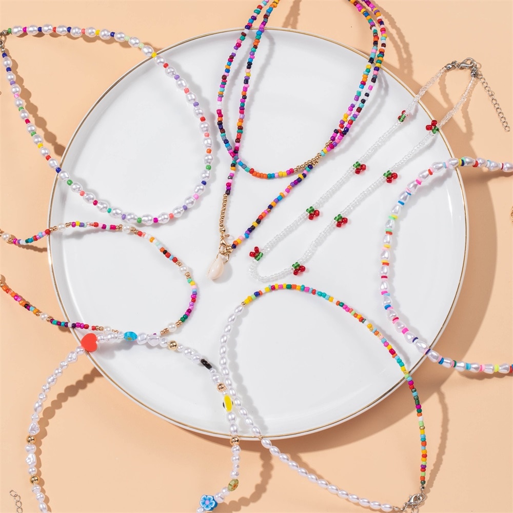 FNIO Y2K-collar con cuentas de flores para mujer, gargantilla de perlas cortas de colores bohemios, joyería femenina
