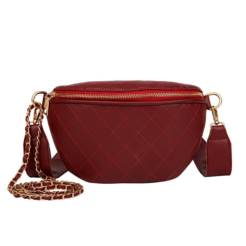 Vintage Ladies PU Leather Shoulder Bags Chains Waist Purse Plaid All-match Women's Chest Bags