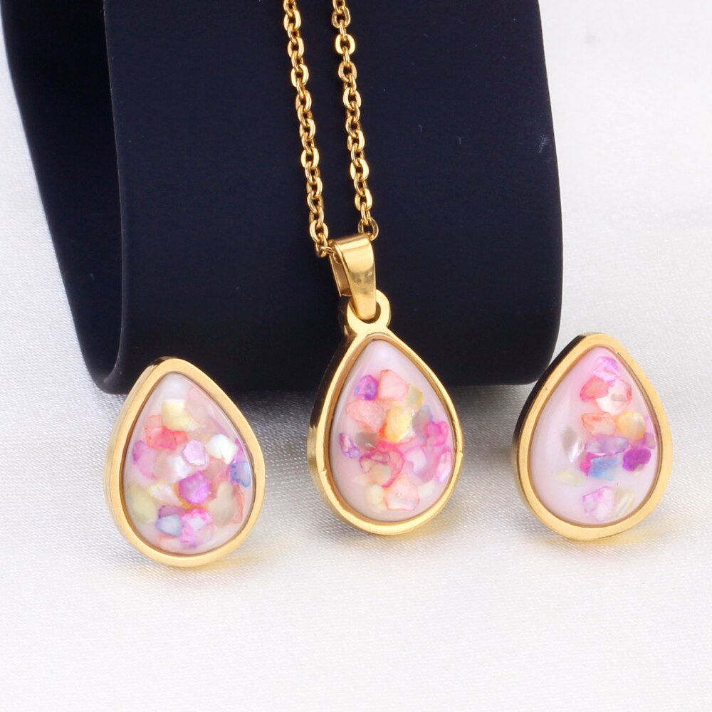 LUXUSTEEL 316L Stainless Steel Enamel Jewelry Sets Water Pendant Necklace Earring Sets collares Chains Necklaces