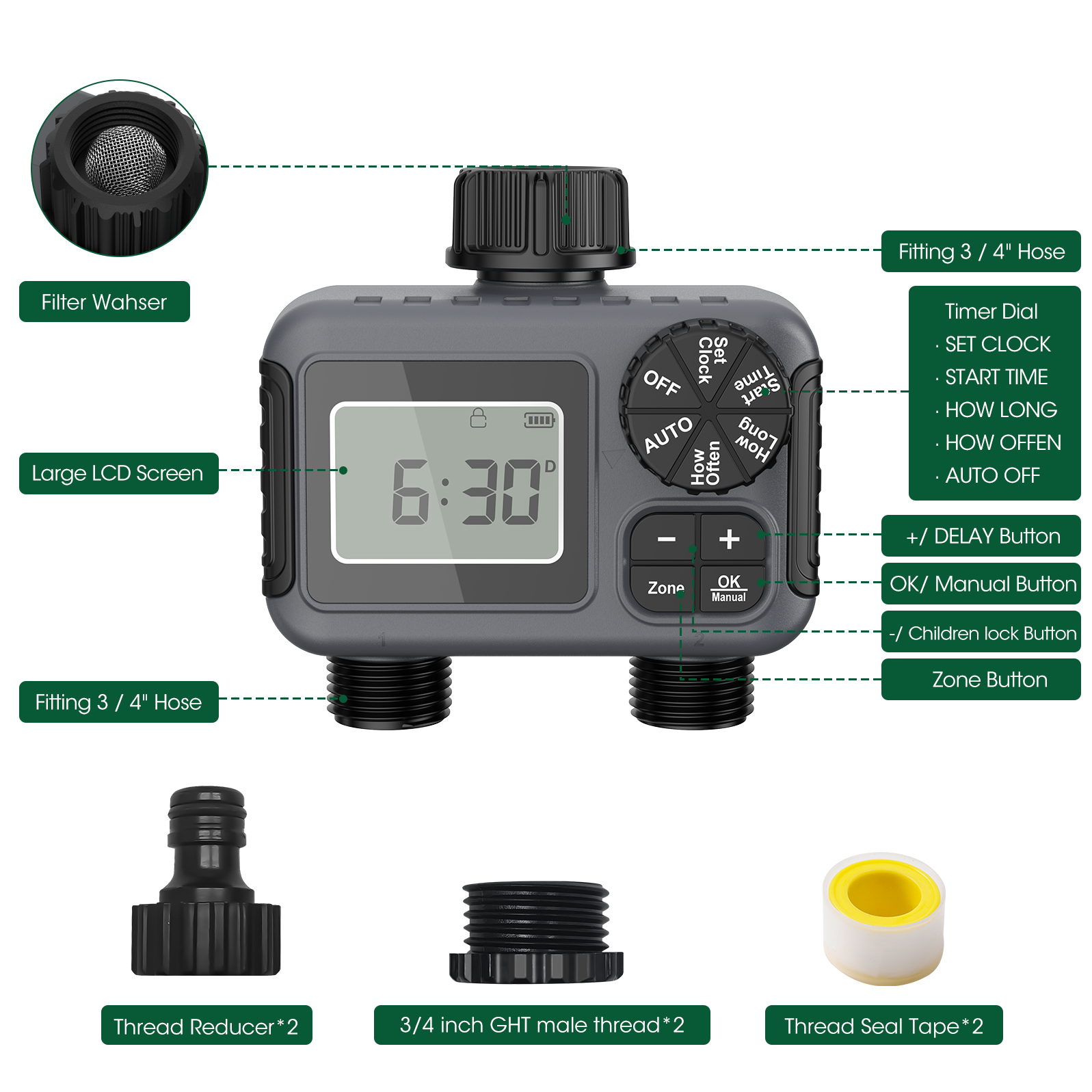 Insoma 2-Zonen-Sprinkler-Timer, programmierbarer Gartenschlauch-Timer, wassersparender Bewässerungsregler für Rasen- und Hof-Tropfsysteme, IPX5