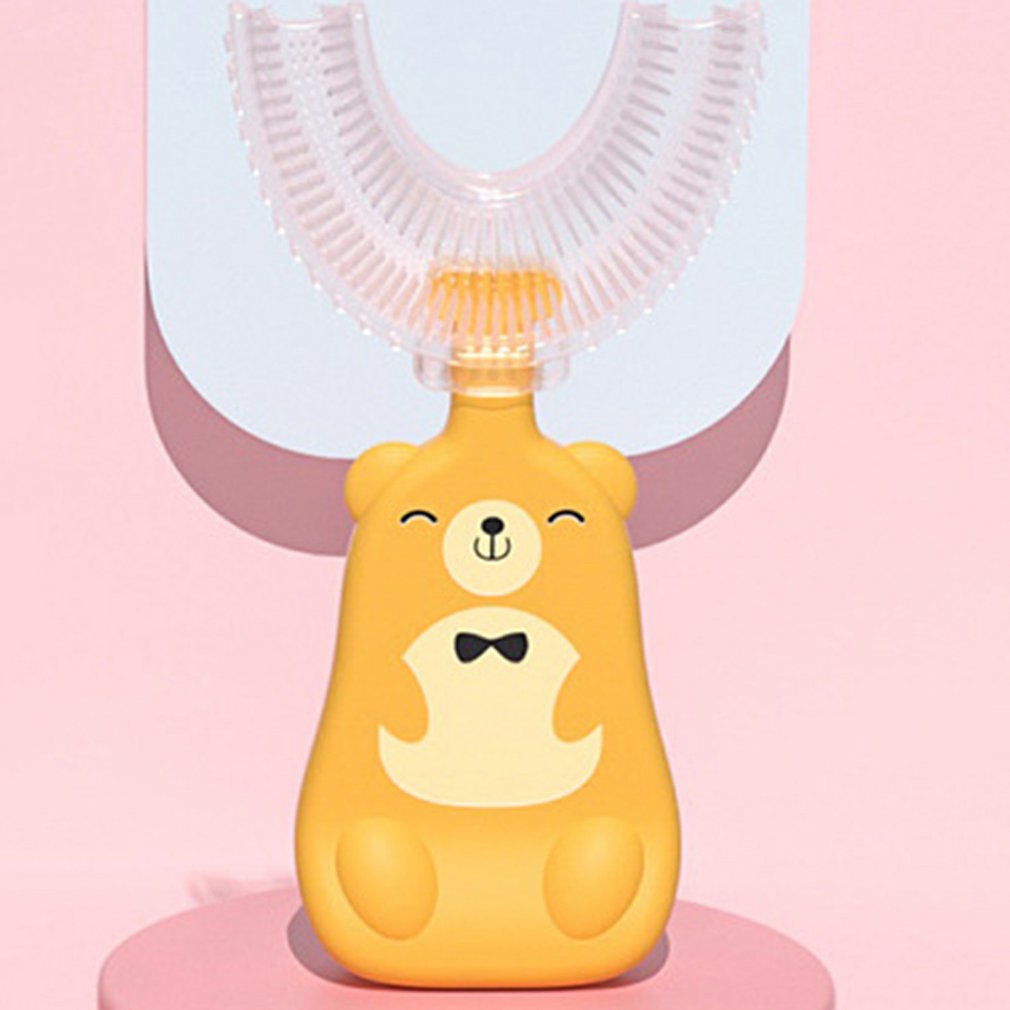 Brosse à dents en Silicone liquide en forme de U pour enfants, tête de brosse à dents à poignée verticale, brosse à dents manuelle à poils souples pour enfants: aged 2-6 yellow