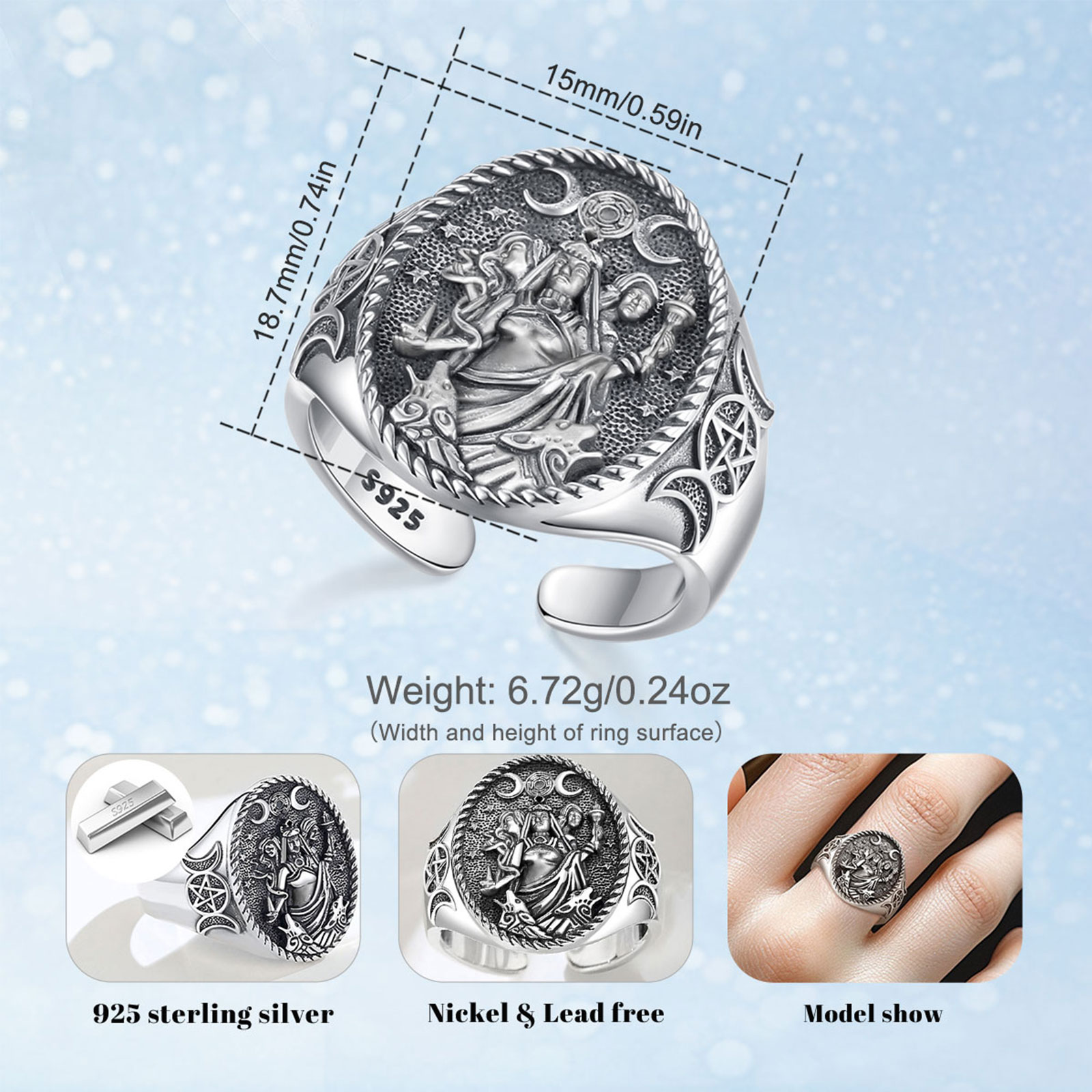 Anillo ajustable Eudora de Plata de Ley 925 con Triple diosa de la Luna, amuleto de perro Hecate, joyería de diosa Triple para mujer y hombre,