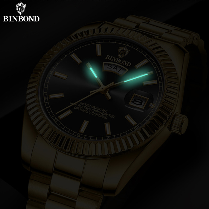 BINBOND Men's Brand Business Sports Quartz Watch 30M Waterproof Luminous Classic Calendar Clock Mens Wristwatch