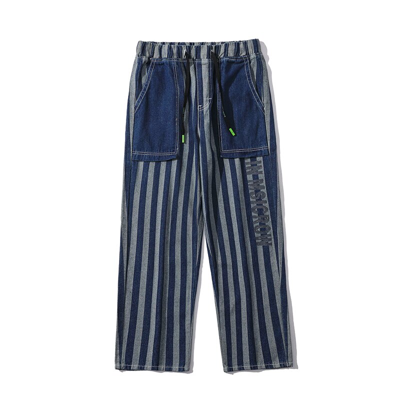Men's Blue Striped Baggy Jeans 2022 Spring Korean Y2k Style Denim Straight Wide Leg Pants Male Branded Trousers