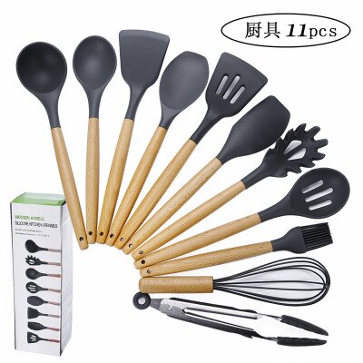 11pcs Silicone wooden handle kitchen utensils non-stick pan shovel tool set soup ladle cooking kitchen tool silicone kitchen: 11pcs  set meal