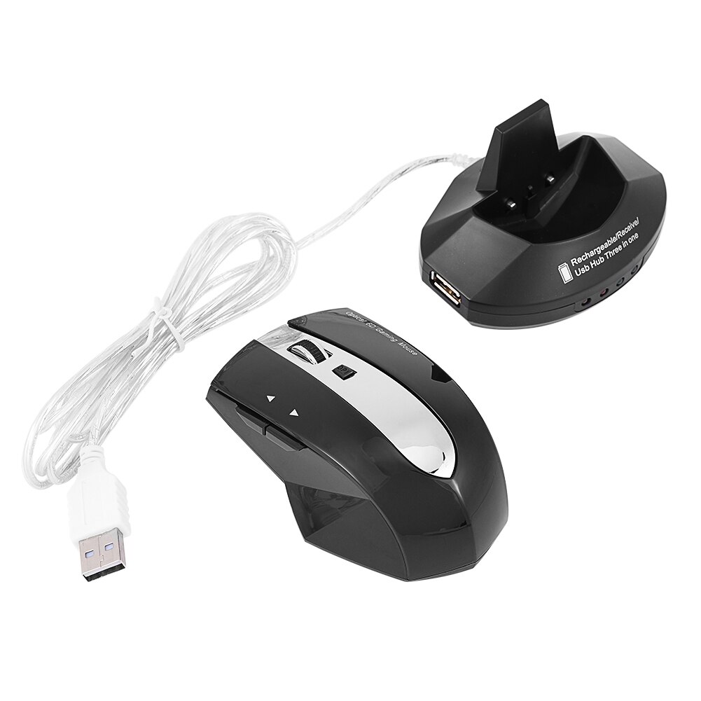 Wireless 2.4GHz Rechargeable Wireless Optical Mouse Gaming Mice w/ Charging Dock Stand USB Hub: Black