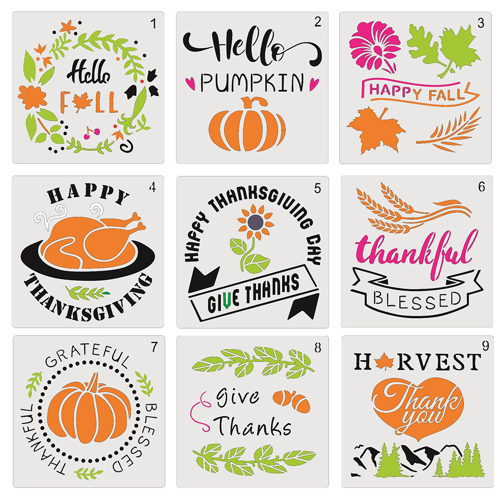 9Pcs Fall Stencils Reusable Painting Drawing Plastic Thanksgiving DIY Templates: Default Title