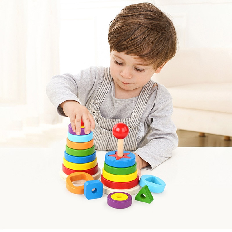 Kind Vroege Onderwijs Puzzel Blokken Kinderen Speelgoed Regenboog Piramide Nesting Stapelen Kleur Vorm Cognitie Speelgoed Houten Blokken Diy Speelgoed