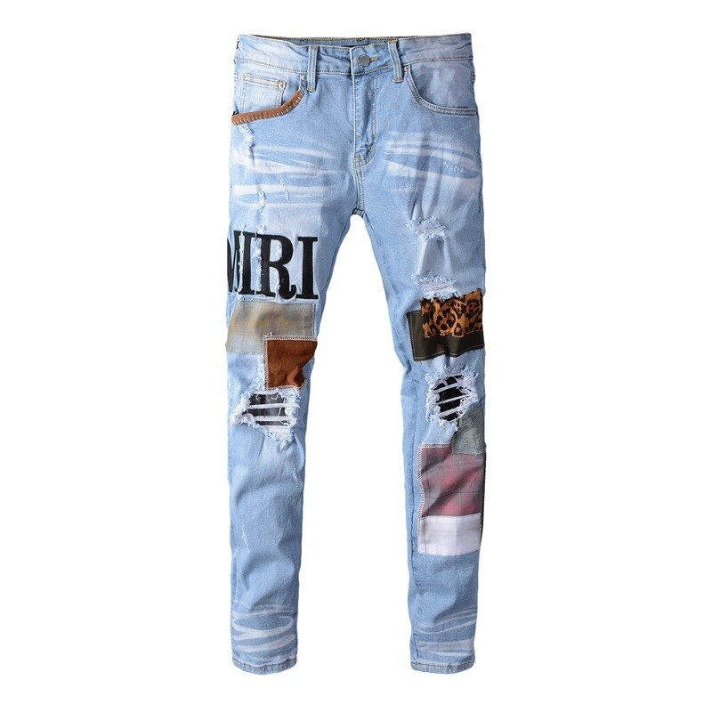 Lyse broderede jeans mænd streetwear slim fit hvide jeans stretch skinny patch denim bukser