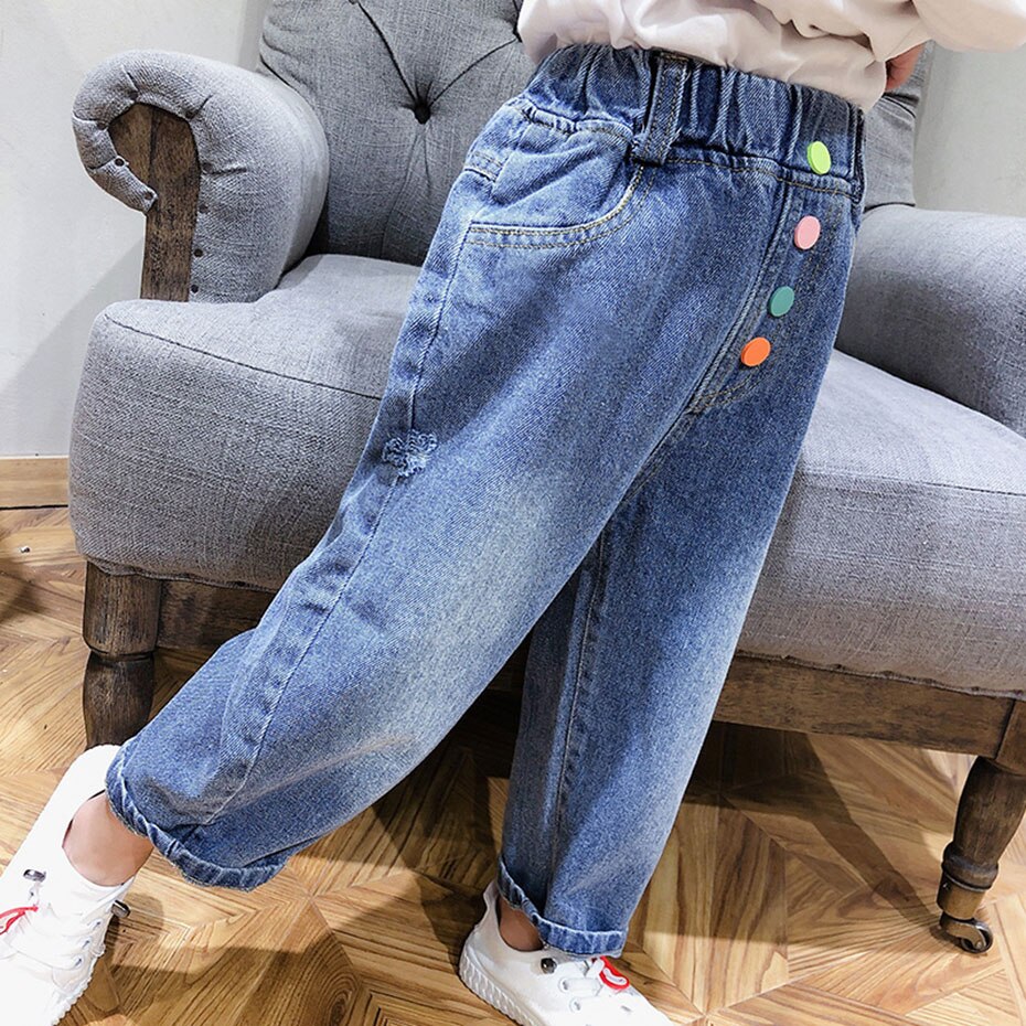 Ragazze Jeans Strappati Coloful ButtonToddler Dei Jeans del Foro Dei Jeans Delle Ragazze di Autunno di Inverno Del Bambino Vestiti Della Ragazza