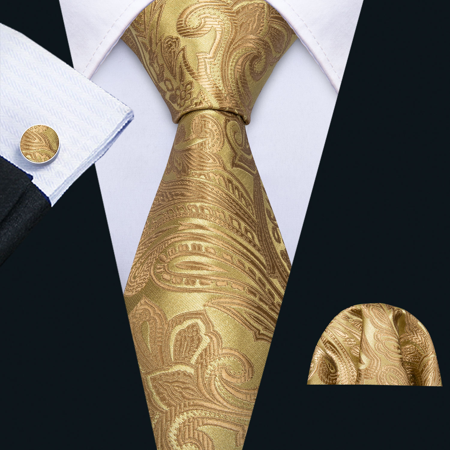 Classic Gold Silk Men Necktie Stripe Handkerchief Cufflinks Set Wedding Male Ties Business Party Barry.Wang: WHITE