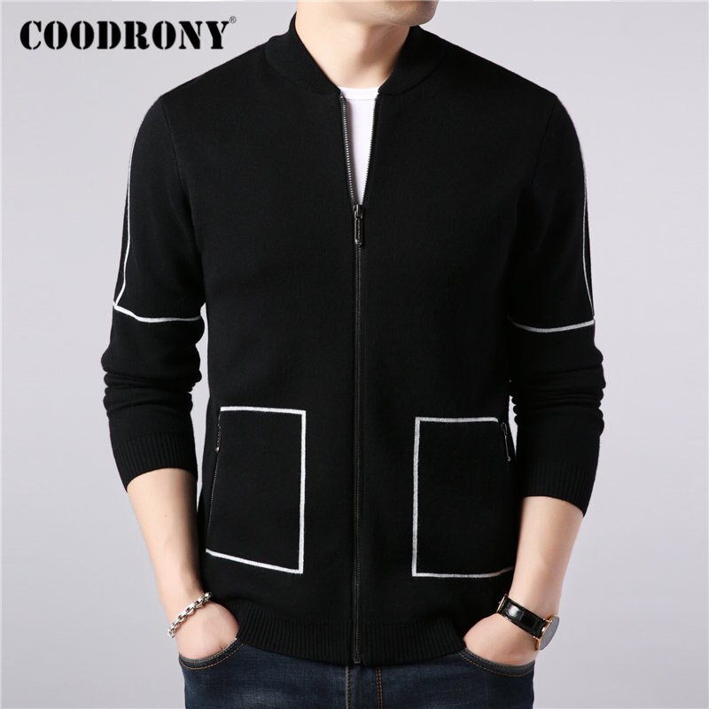 COODRONY Brand Sweater Coat Men Autumn Winter Thick Warm Wool Cardigan Men Streetwear Striped Zipper Coats Pockets 91091