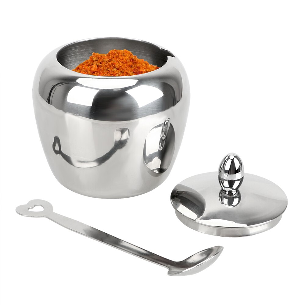 Spice Container With Lid and Spoon Tableware Stainless Steel Apple Sugar Bowl Condiment Pot Seasoning Jar