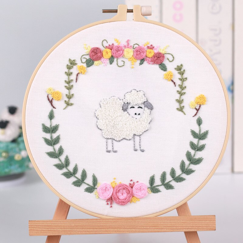 Kit de bordado fácil para principiantes, juego de punto de cruz de animales de dibujos animados, arte de coser hecho a mano, manualidades para decoración de habitación de niños: 4 / 20cm retro hoop