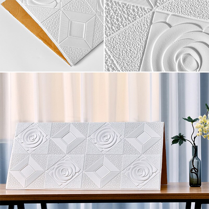 5Pcs 3D Self-adhesive Wall Sticker Wall Panel Ceiling Rose Pattern Waterproof Moisture-proof Foam Wallpaper Living Room Decor