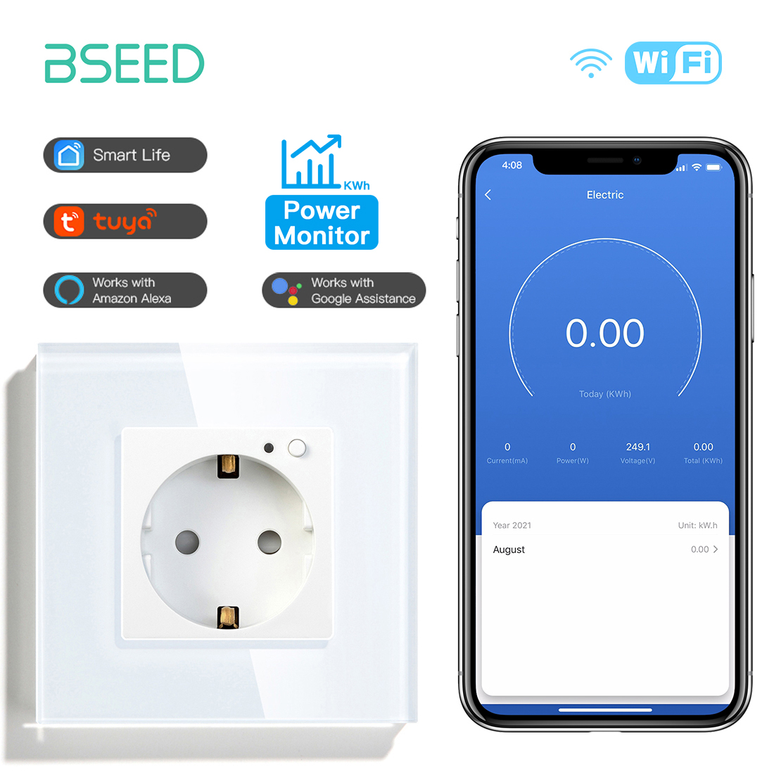 BSEED EU Wall Socket Tuya Smart Socket Wifi Electrical Outlets Power Monitor Google Smart Life Alexa Voice Control Glass Panel: Type 12