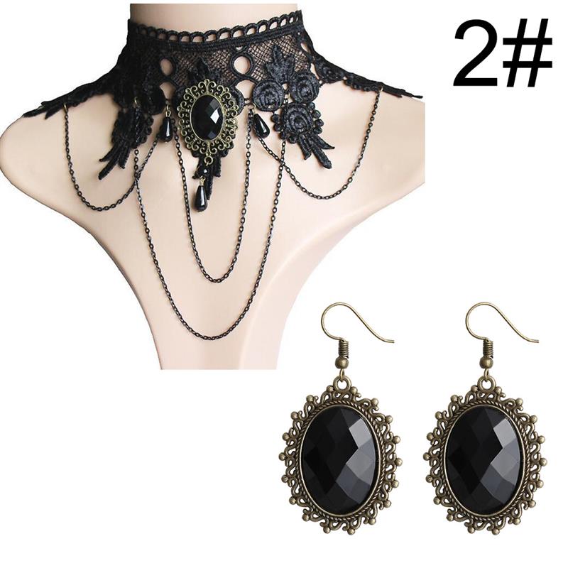 Gothic Style Sieraden Set Vintage Kant Choker Ketting Ring Hand Armband Oorbellen Set Sieraden Accessoires Party Dress Up