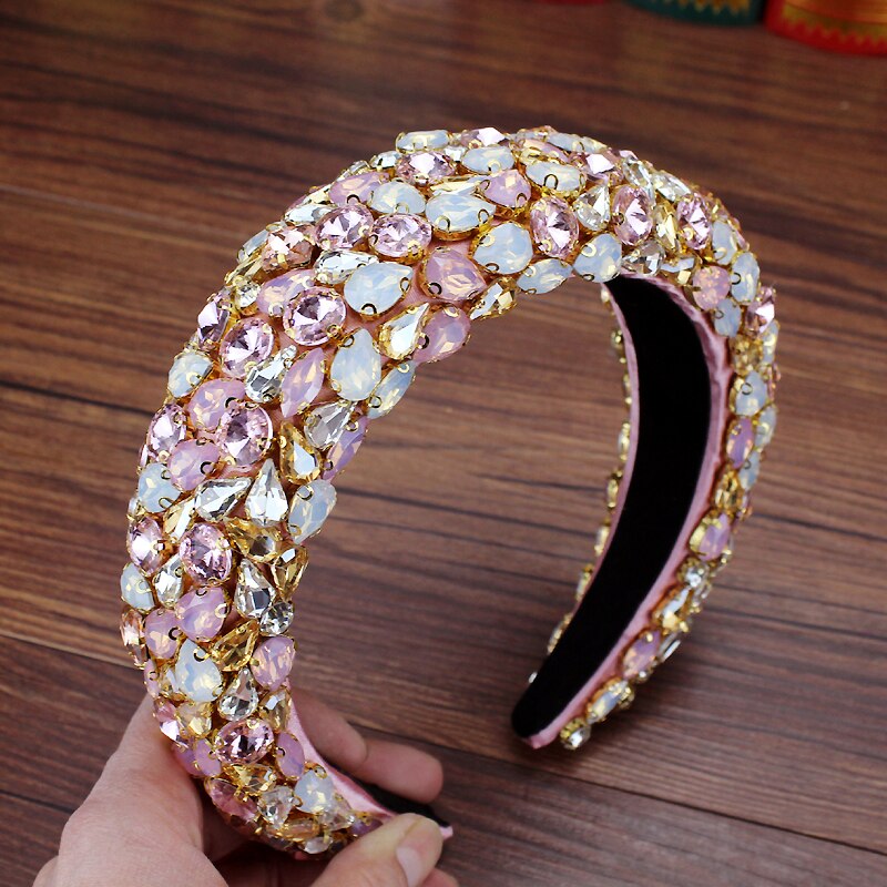 Boho Pieno Splendido Diamante Imbottito Barocco Fasce di Cristallo di Lusso Hairbands Per Le Donne Del Rhinestone Tiara Bling Accessori Per Capelli: pink