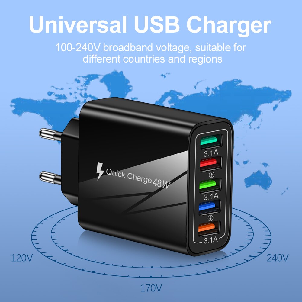 USB Charger Quick Charge 5 Port USB Charger For iPhone 12 13 Xiaomi Huawei Wall Mobile Phone Fast Travel Charger EU US UK Plug