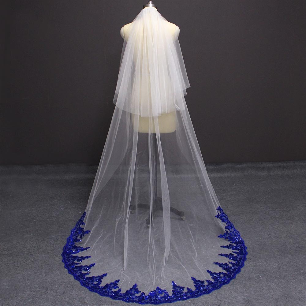 Bling Pailletten Royal Blue Lace Wit Ivoor Tulle Wedding Veil 2 Layer met Blusher Cover Gezicht Bruidssluier kam