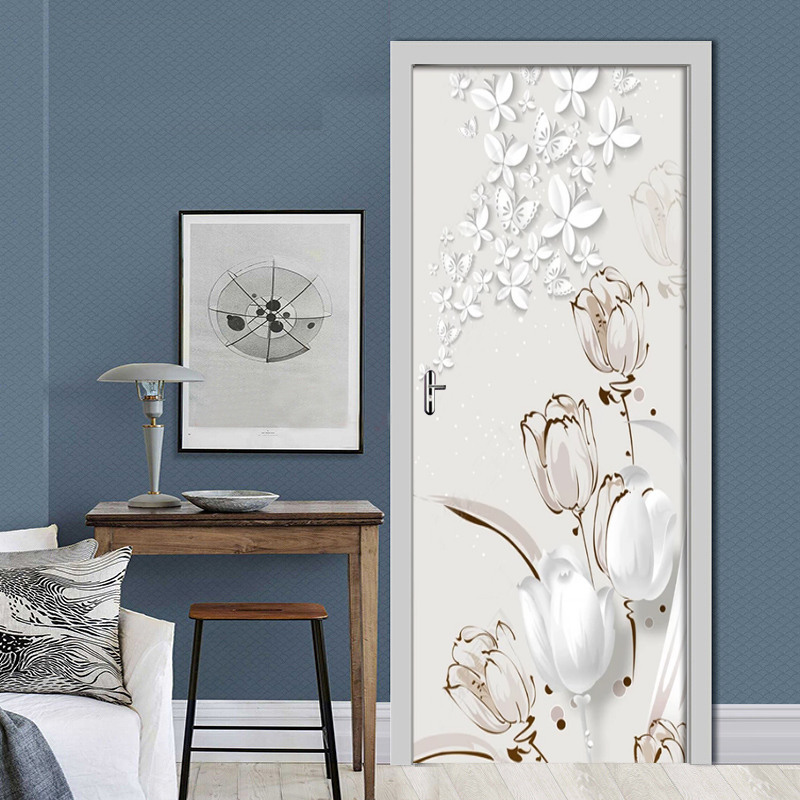 PVC Self-Adhesive Waterproof Door Wall Sticker 3D Tulip Stereo Butterfly Wallpaper 3D Door Mural Living Room Study Home Decor
