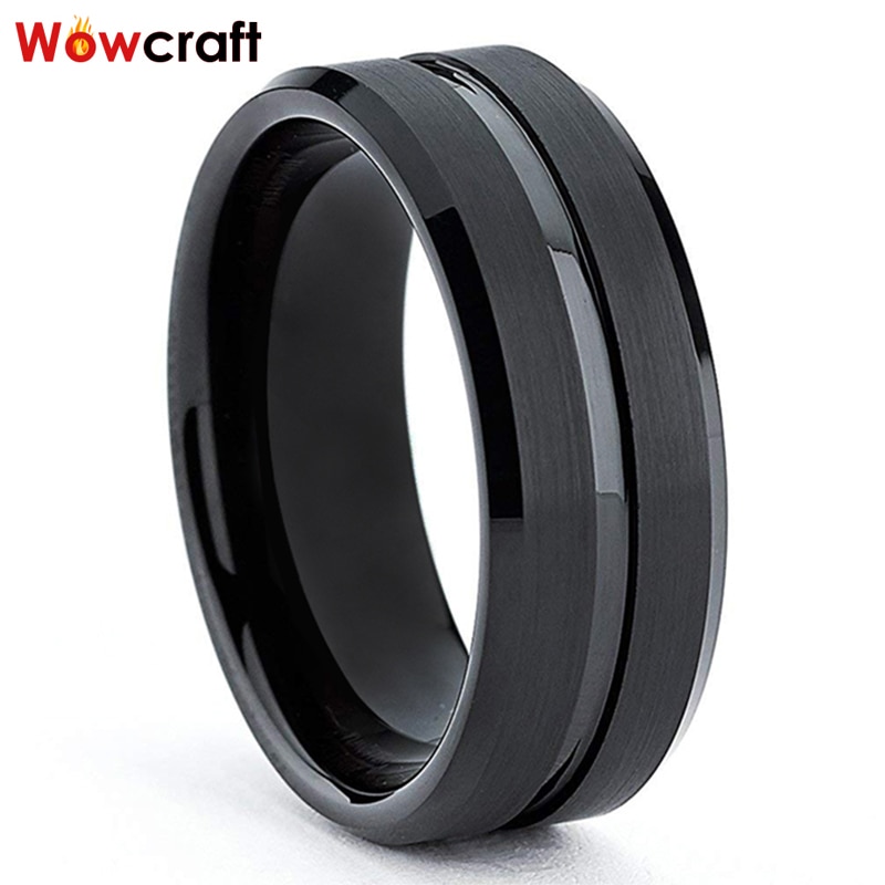 8 Mm Black Tungsten Carbide Ring Wedding Band Voor Mannen Vrouwen Gegroefde Center Geborstelde Afwerking Comfort Fit Graveren Gratis