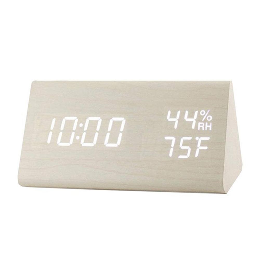 Reloj despertador de humedad y temperatura, reloj Digital triangular para habitación de bebé, de madera, silencioso, luminoso, Led, electrónico: white
