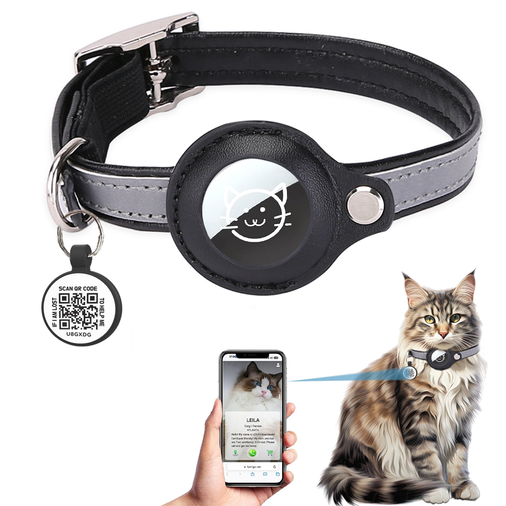Airtag houder kattenhalsband met QR-tag, kattenaccessoires reflecterende PU lederen kittenhalsbanden, katten-ID-tag, elastische veiligheidsbanden