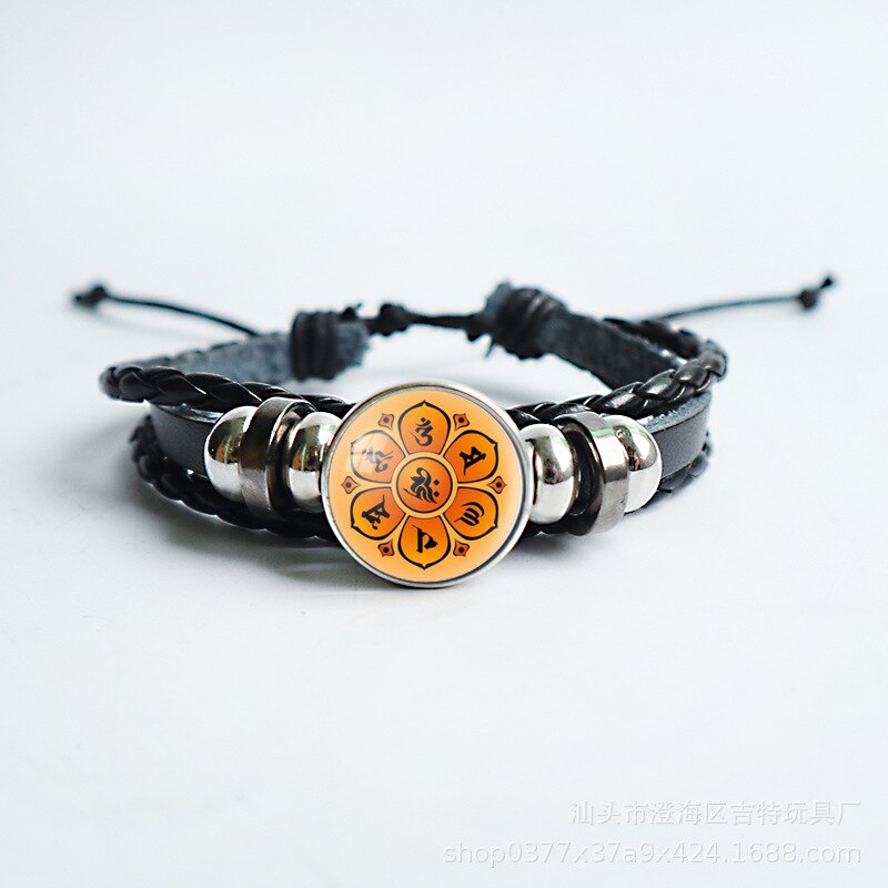 Boeddha Knoop Boeddha Wiel Hand Geweven Lederen Armband Boeddha Patroonheilige Bodhisattva Lengy Mantra Glas Ronde Cap Snap Armband: Style3