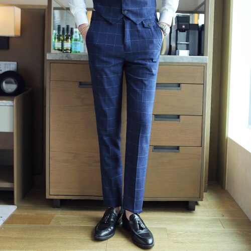 Men plaid Cotton Solid Color Business Suit Pants /Male slim Groom Wedding Dress Suit Pants Mens Trousers 29-35: Blue / 34