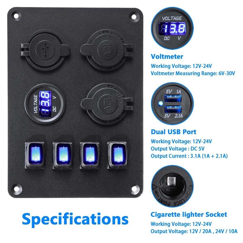 12V-24V Boat Switch Panel Switch Panel Waterproof Digital Voltmeter Dual USB Port Combination Marine LED Rocker 4 Gang