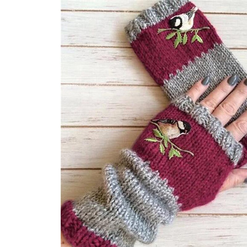 Naiset linnut kirjonta käsineet neulotut sormettomat plus sametti värilohko splice lapaset tytöt talvi käsineet joulu: Viininpunainen