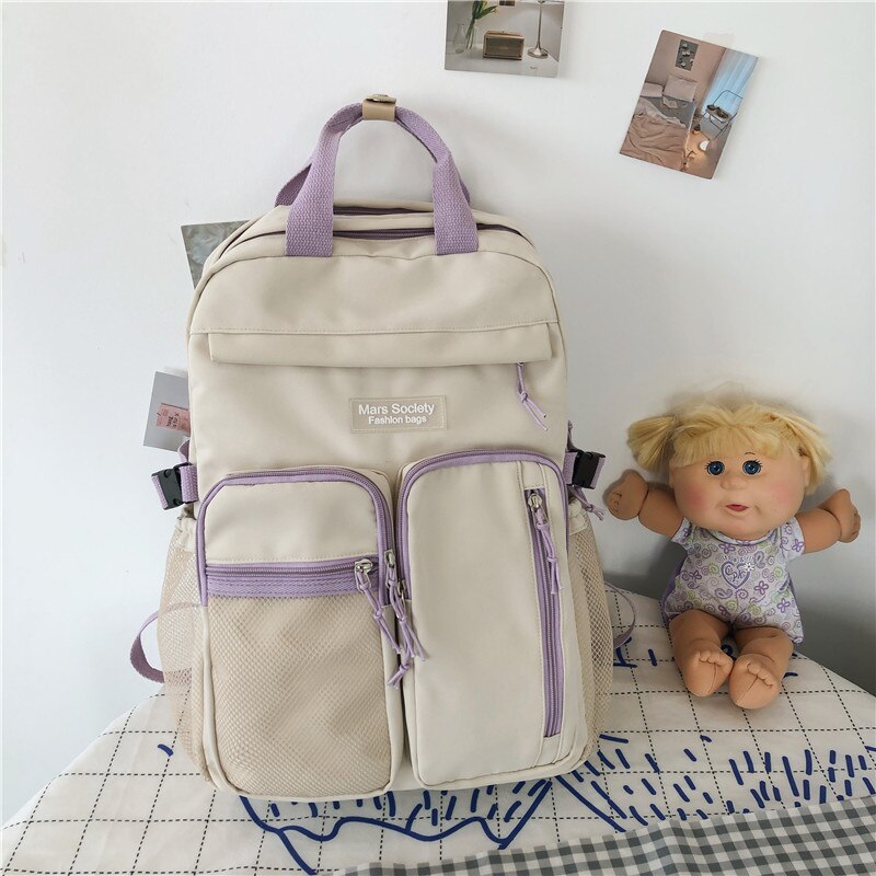 DCIMOR Large Capacity Double-deck Waterproof Nylon Women Backpack Multi-pocket Ring Buckle Portable College Girl's Schoolbag: white / With White bear