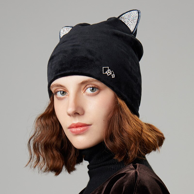 Wintermutsen dames muts effen kleur zacht voor de herfst fluwelen flanellen muts casual schattige strik voor meisjes skullies pet: Zwart 3