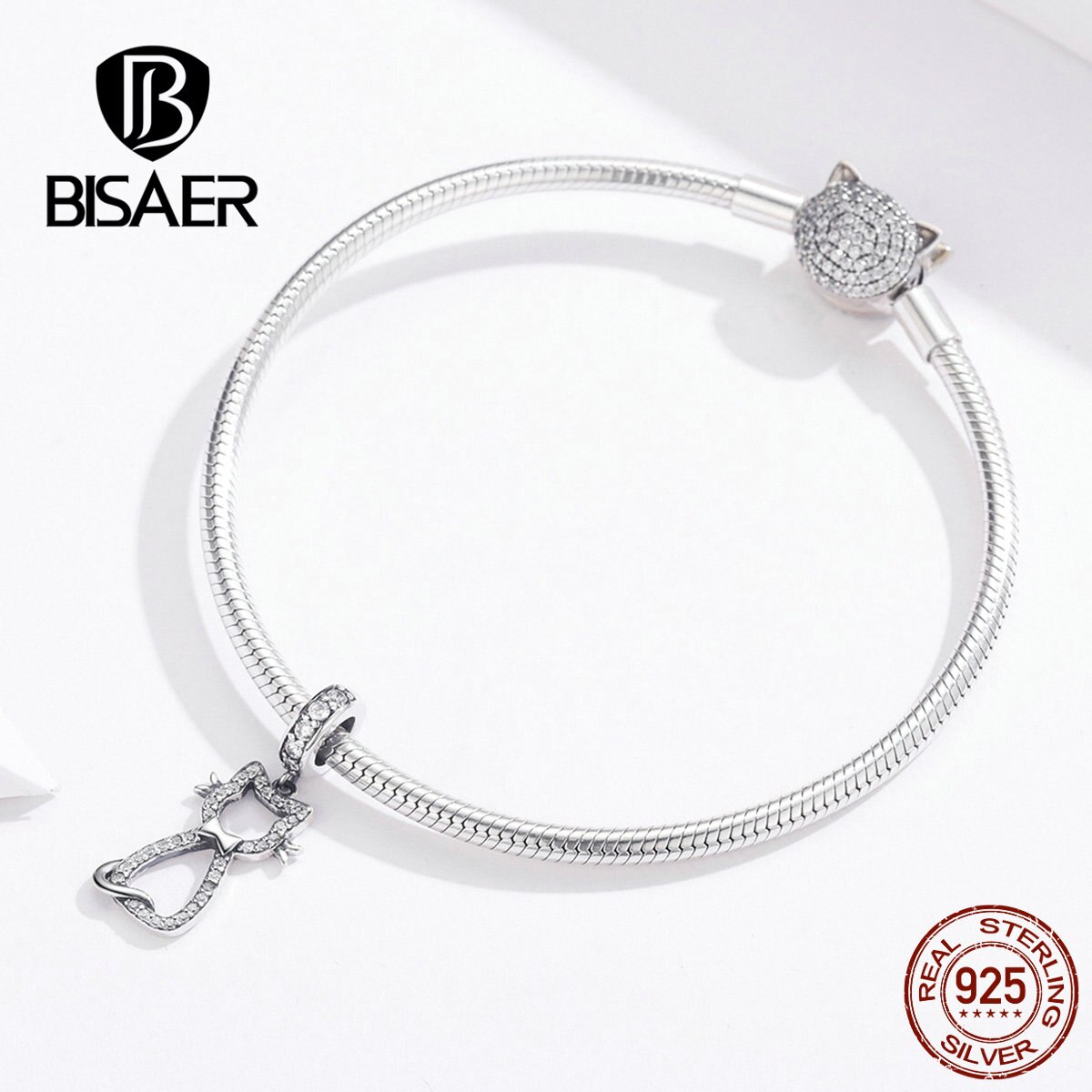 BISAER Cat Pendant 925 Sterling Silver Animal Kitten Pussy Charms Beads fit Bracelets Cubic Zircon DIY Jewelry Making ECC1162