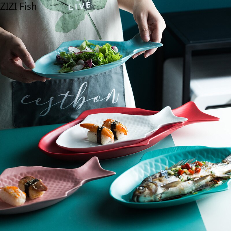 Fiskform keramik tallrik sallad sushi biff frukost tallrik nordisk enfärgad hushålls köksredskap