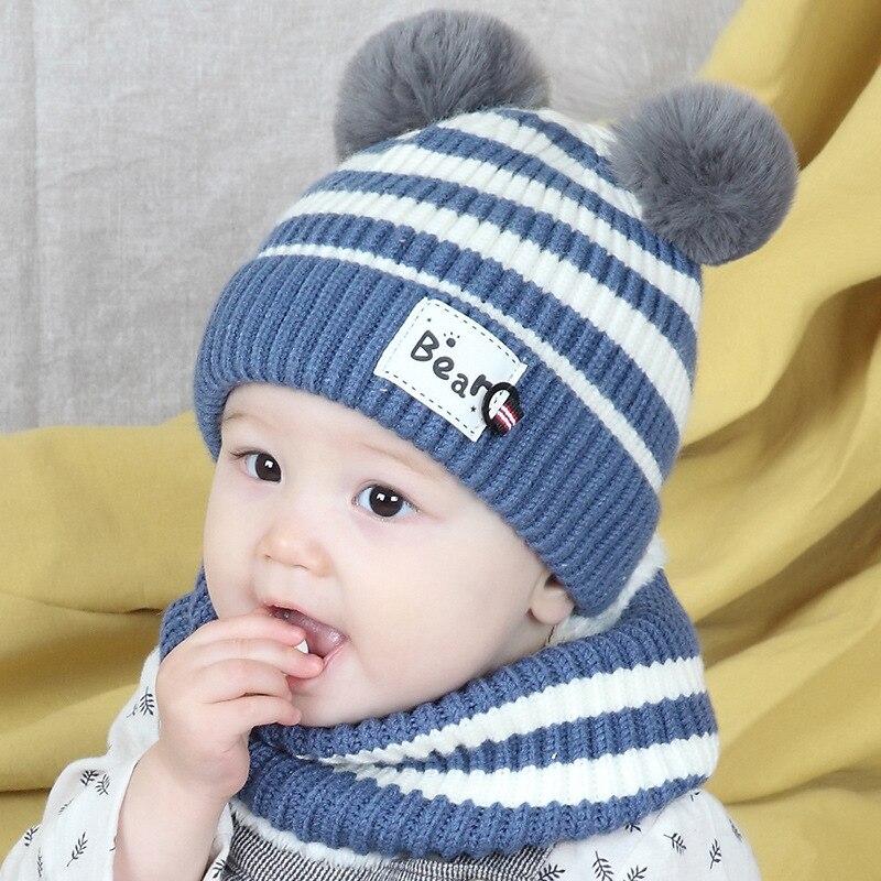 Conjunto de gorro y bufanda para niño y niña, gorro cálido para bebé, gorro tejido a rayas con oso, bufanda, accesorios de invierno, gorrito, Color caramelo: Dark Blue