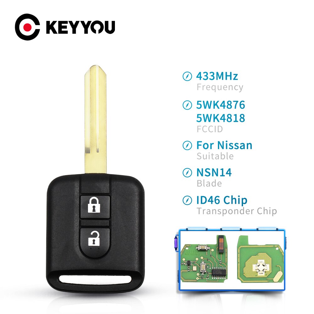 KEYYOU 433Mhz For Nissan Elgrand X-TRAIL Qashqai Navara Micra Note NV200 2 Buttons ID46 Chip Remote Car Key Fob 5WK4876 5WK4818: Remote Key