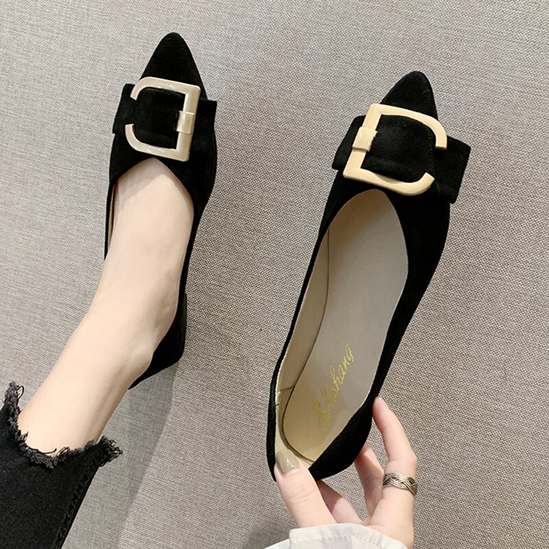 Spring Women Flats Black Pointed Toe Ballet Flats Metal Boat Shoes Woman Flock Casual Shoes Female Loafers Blue Khaki 7952C: Black / 7.5
