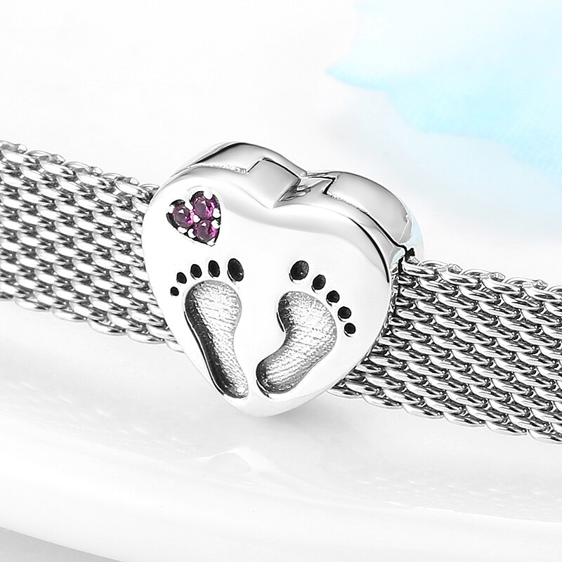 Cuentas de Clip de Plata de Ley 925 auténtica con forma de corazón de huella de bebé, abalorios de reflexión originales, joyería