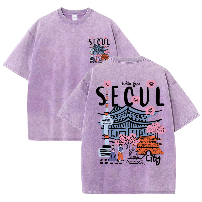 Seoul vacker natur tryckt tvättad t-shirt dam sommar rund hals kläder trendiga bomull kortärmade casual t-shirts: M / Guld-
