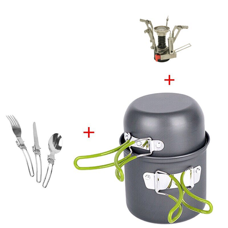 impostato di pentole da campeggio per escursionismo tutto&#39;aperto 1-2 persone stoviglie da cucina portatili pentole da picnic ciotole con stoviglie fornello a gas: Pot tableware stove