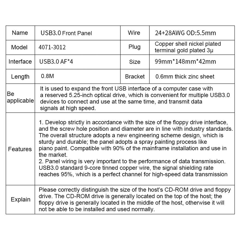 4 Ports USB 3.0 Hub USB 3.0 Front Panel 5.25 inch Computer Case CD ROM Drive Bay Front Panel FDD Bracket for PC Desktop