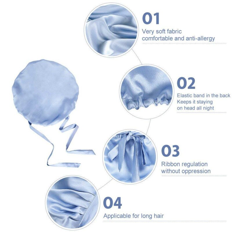 100% Mulberry Silk Night Sleep Cap Sleeping Hat 19 Momme Soft For Women Hair Beauty With Adjustable Elastic Ribbon: Light Blue