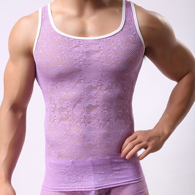 Herr sommarstil genomskinliga spetslinnen blommor mönster herr undertröja herr & #39 ;s väst singlets ärmlös o-ringad