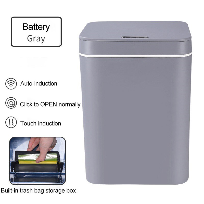 14/16L USB Charging Rubbish Can Automatic Smart Induction Trash Can Sensor Dustbin Touch Sensor Garbage Bucket for Home Kitchen: Gray-Battery / 14L