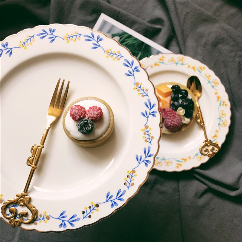 1 st servis målning guldinlägg vintage färgglad blommig 8 tums keramisk tallrik middag porslinstårta snack dessert tallrik